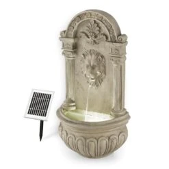 Löwenstein Wandbrunnen Gartenbrunnen Solar 2W LED Polyresin Steinoptik -Wrights Gartenladen 10031400 yy 0005 front Blumfeldt Loewenstein Wandbrunnen 2W Steinoptik