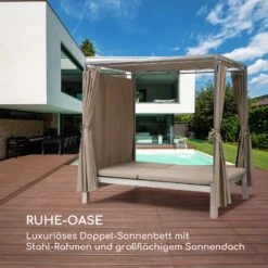 Eremitage Double Sunbed 2 Pers Stahl-Rahmen Sonnendach Vorhänge Taupe -Wrights Gartenladen 10033316 de 0004 logo